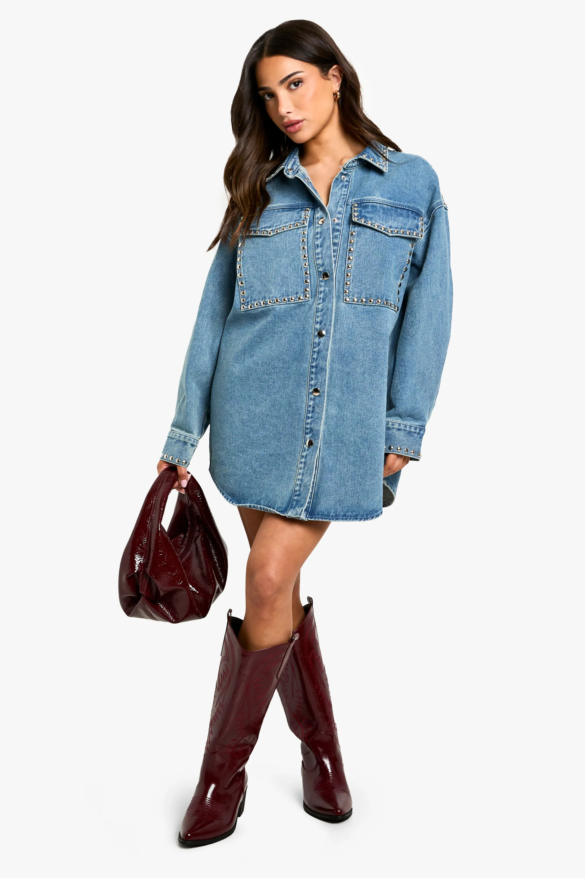 Petite Stud Detail Denim Oversized Shirt  Dress | boohoo (US & Canada)