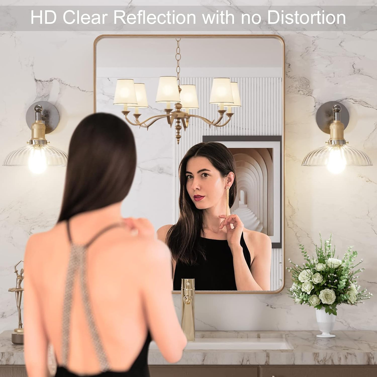 LOAAO 20”X30” Gold Bathroom Mirror, Rounded Rectangle Gold Frame Mirror, Brushed Gold Bathroo... | Amazon (US)