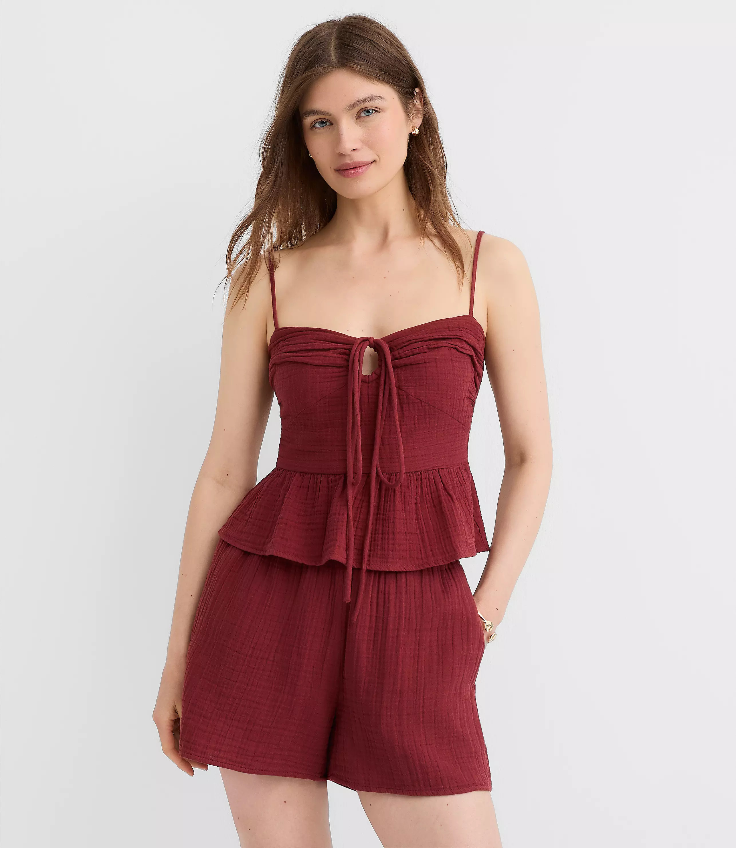 LOFT Beach Strappy Ruched Triple Cloth Peplum Top | LOFT