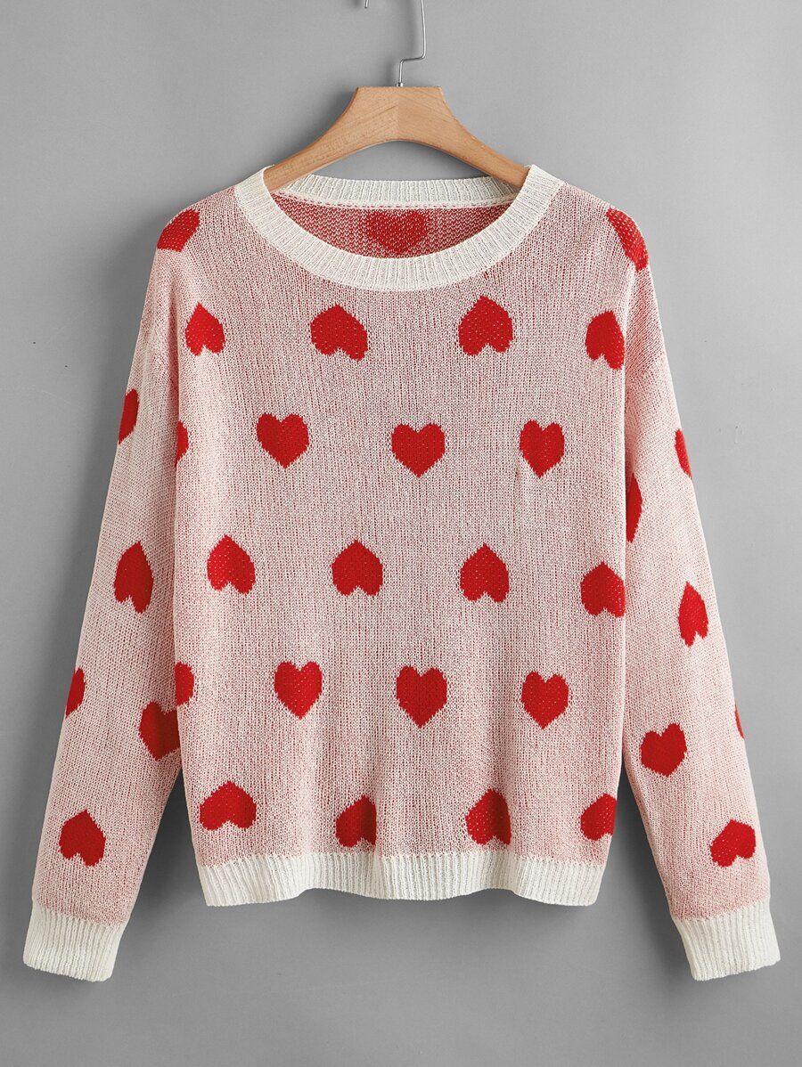 Plus Heart Pattern Drop Shoulder Sweater | SHEIN