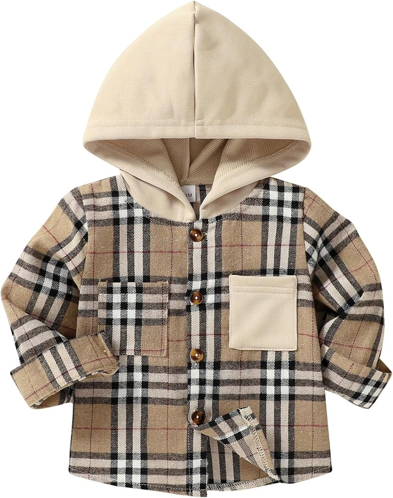 YOUNGER STAR Toddler Kids Boys Girls Flannel Hooded Plaid Shirt Button Baby Red Clothes | Amazon (US)