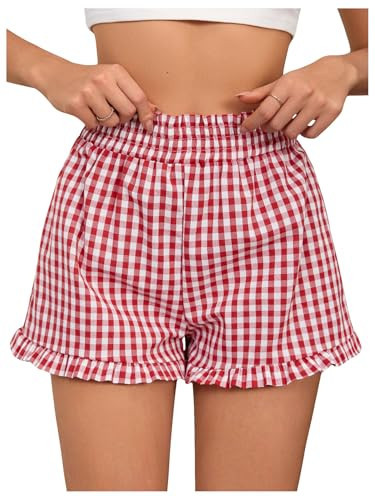 SweatyRocks Women's Summer Elastic Waist Wide Leg Ruffle Gingham Plaid Boxer Shorts Red and White X-Small | Amazon (US)