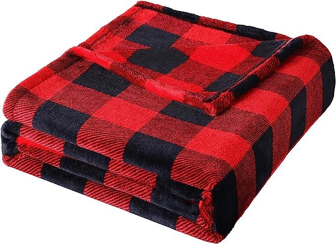 Fomoom Buffalo Plaid Blanket, Buffalo Blanket for Couch Bed Sofa Chair, Soft Cozy Fleece Red Blac... | Amazon (US)