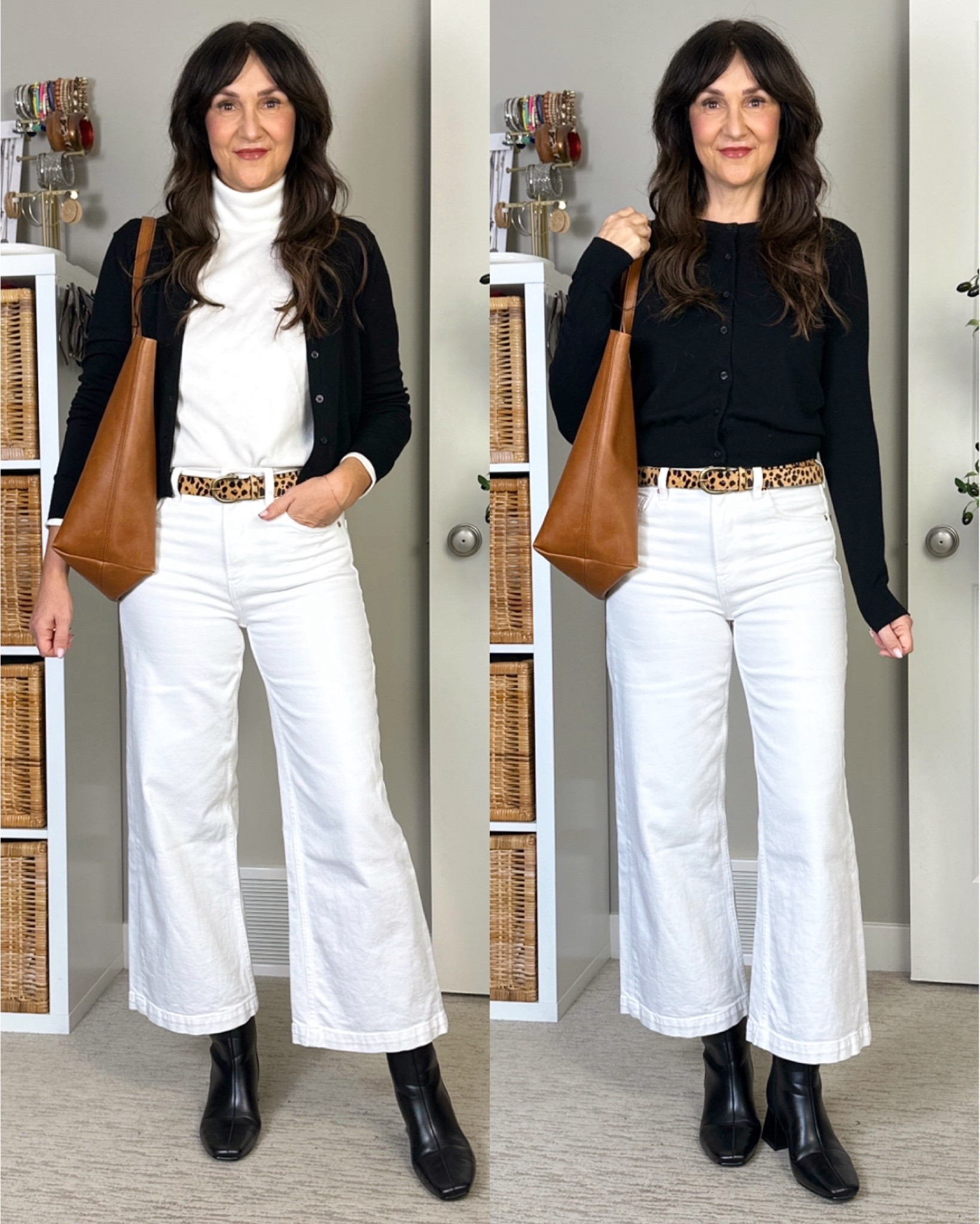 Outfit ideas for a lightweight cardigan! It’s perfect for layering, really affordable and fits tts, sleeves are nice and long too! I’m 5’ 8” wearing my usual size S. More colors available.
Also wearing S in this fleece turtleneck (it’s so soft and comfortable, I have it in three colors) and 4 in the wide cropped jeans. Belt and boots also fit tts. Bag is one my my most worn, such a classic leather tote.


#LTKStyleTip #LTKItBag #LTKShoeCrush