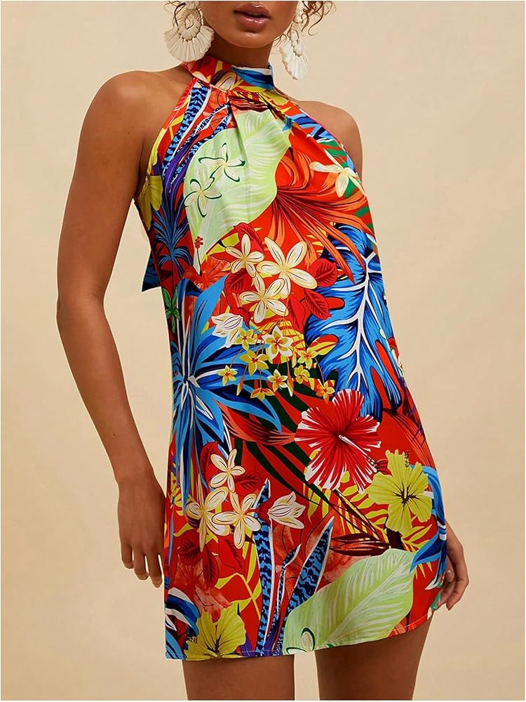 Floerns Women's Sleeveless Floral Print Sundress Halter Neck A Line Short Dress | Amazon (US)
