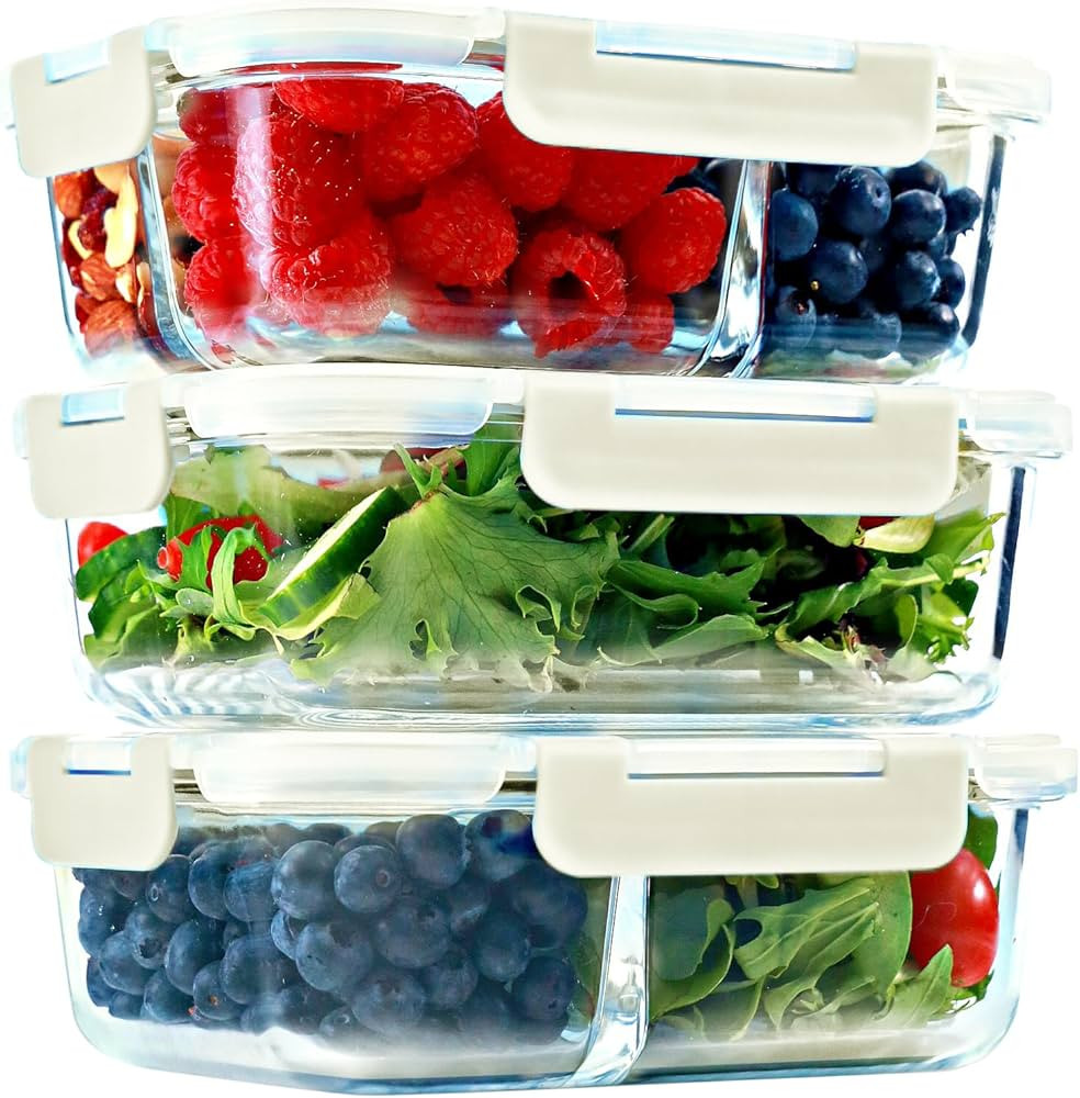 FIT Strong & Healthy Glass Meal Prep Containers, 1 & 2 & 3 Compartments – Adult Bento Box, Beig... | Amazon (US)