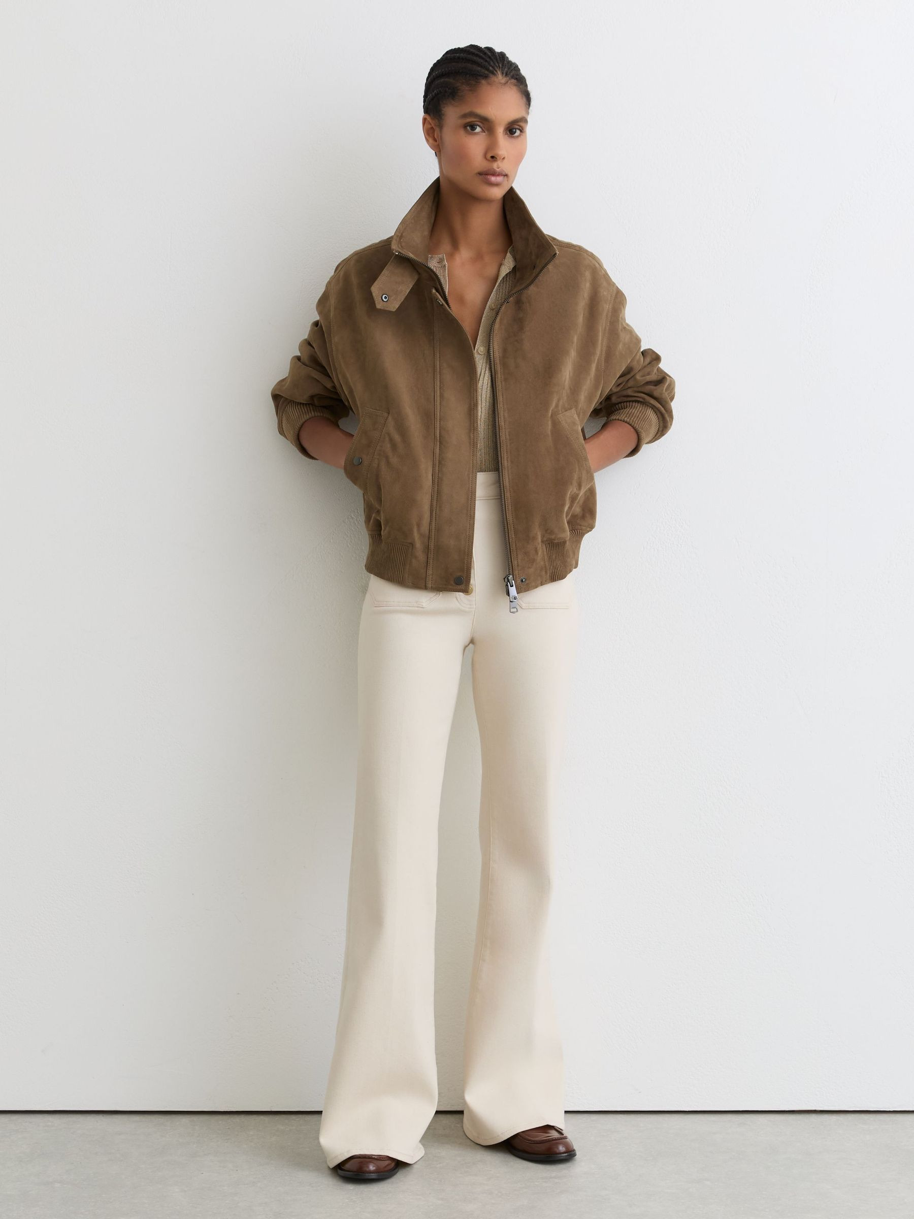 Reiss Petite Suede Funnel-Neck Bomber Jacket in Neutral - REISS | Reiss UK