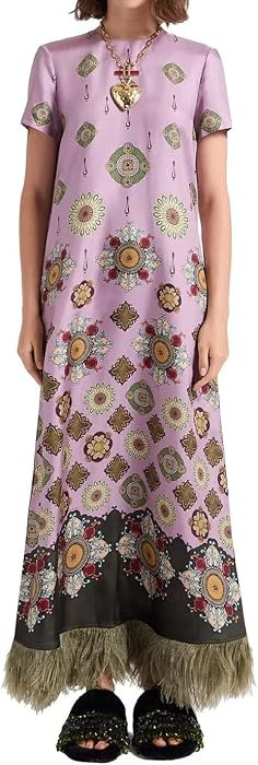 Women's Floral Silk Maxi Dress with Feather Trim Hem,Casual Loose Short Sleeve Swing Dress | Amazon (US)