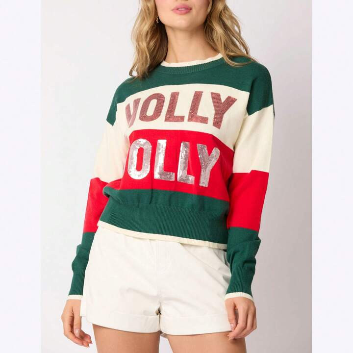 TrendsWomen's Christmas Knit Sweater Long Sleeve Crewneck Sequins Letter Casual Striped Knitwear | SHEIN