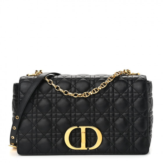 CHRISTIAN DIOR Grained Calfskin Cannage Large Caro Bag Black | Fashionphile