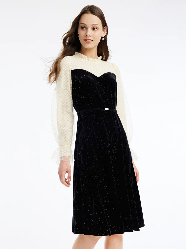 Velvet Patchwork Color Block Midi Dress | GoeliaGlobal