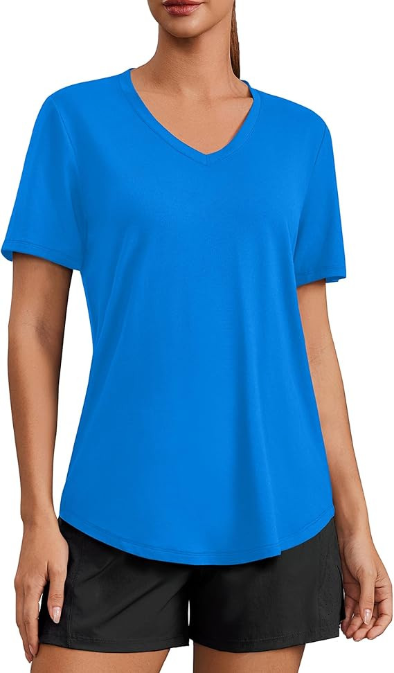 PINSPARK Soft Workout Tops for Women Short Sleeve V Neck Moisture Wicking UPF 50+ Sun Protection ... | Amazon (US)