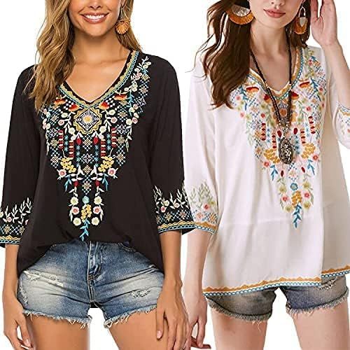 LauraKlein Women's Boho Embroidered Peasant Tops 3/4 Sleeve V Neck Mexican Bohemian Black Blouse ... | Amazon (US)