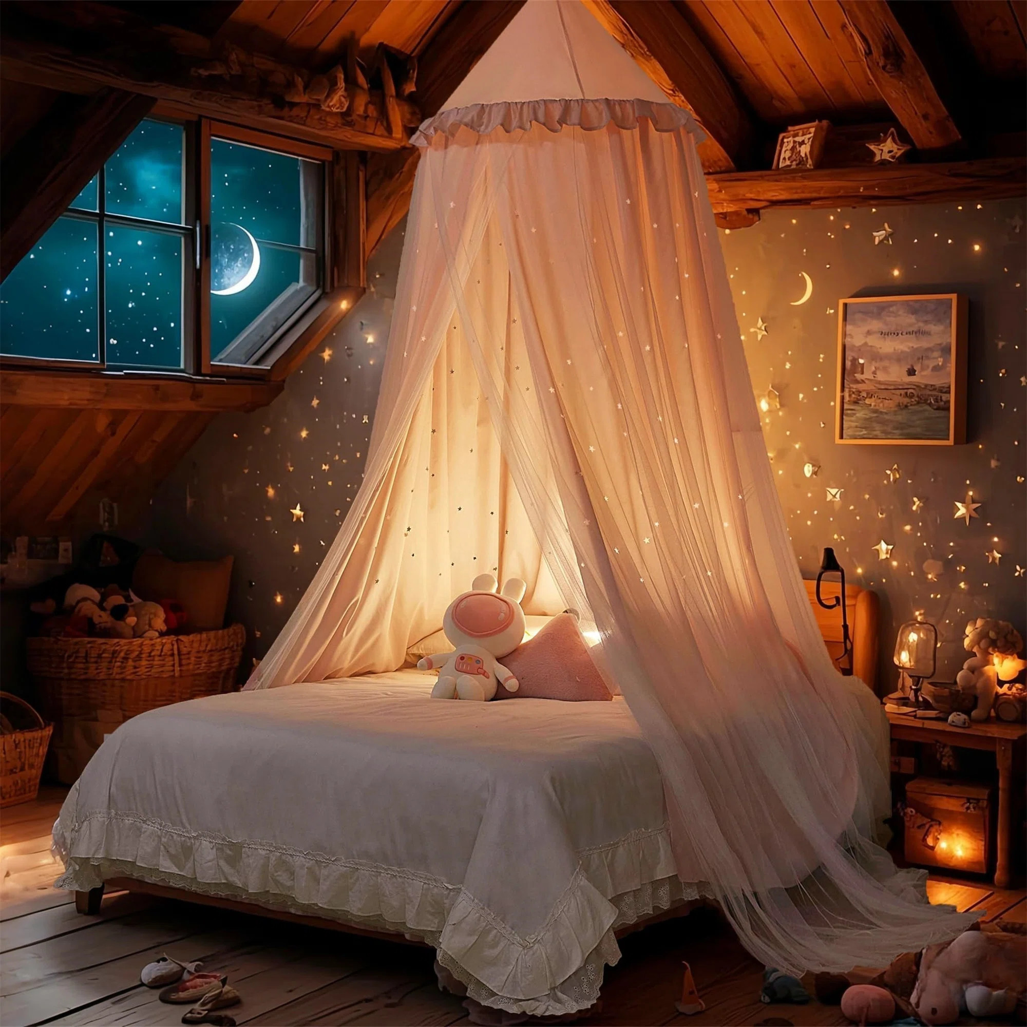 Princess Bed Canopy For Girls, Double Layer Canopy With Cutout Stars, Breathable Dream Canopy & W... | Wayfair North America