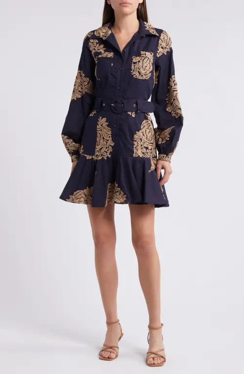 CIEBON Ina Embroidered Long Sleeve Cotton Shirtdress in Navy Tan at Nordstrom, Size Medium | Nordstrom