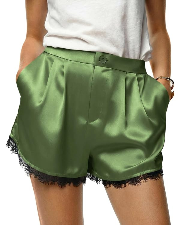 Tankaneo Womens Satin Silk Shorts Summer Casual High Waist Lace Button Lounge Shorts with Pockets | Amazon (US)