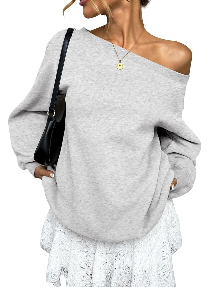 Womens Fleece Lined Sweatshirt Off Shoulder Long Sleeve Pullover Top Oversized Shirt Basic Slouch... | Amazon (US)