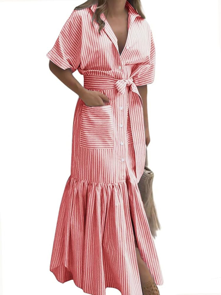 utcoco Women's 2025 Summer Casual Striped Button Down Maxi Dress Tie Waist Short Sleeve Shirt Dre... | Amazon (US)