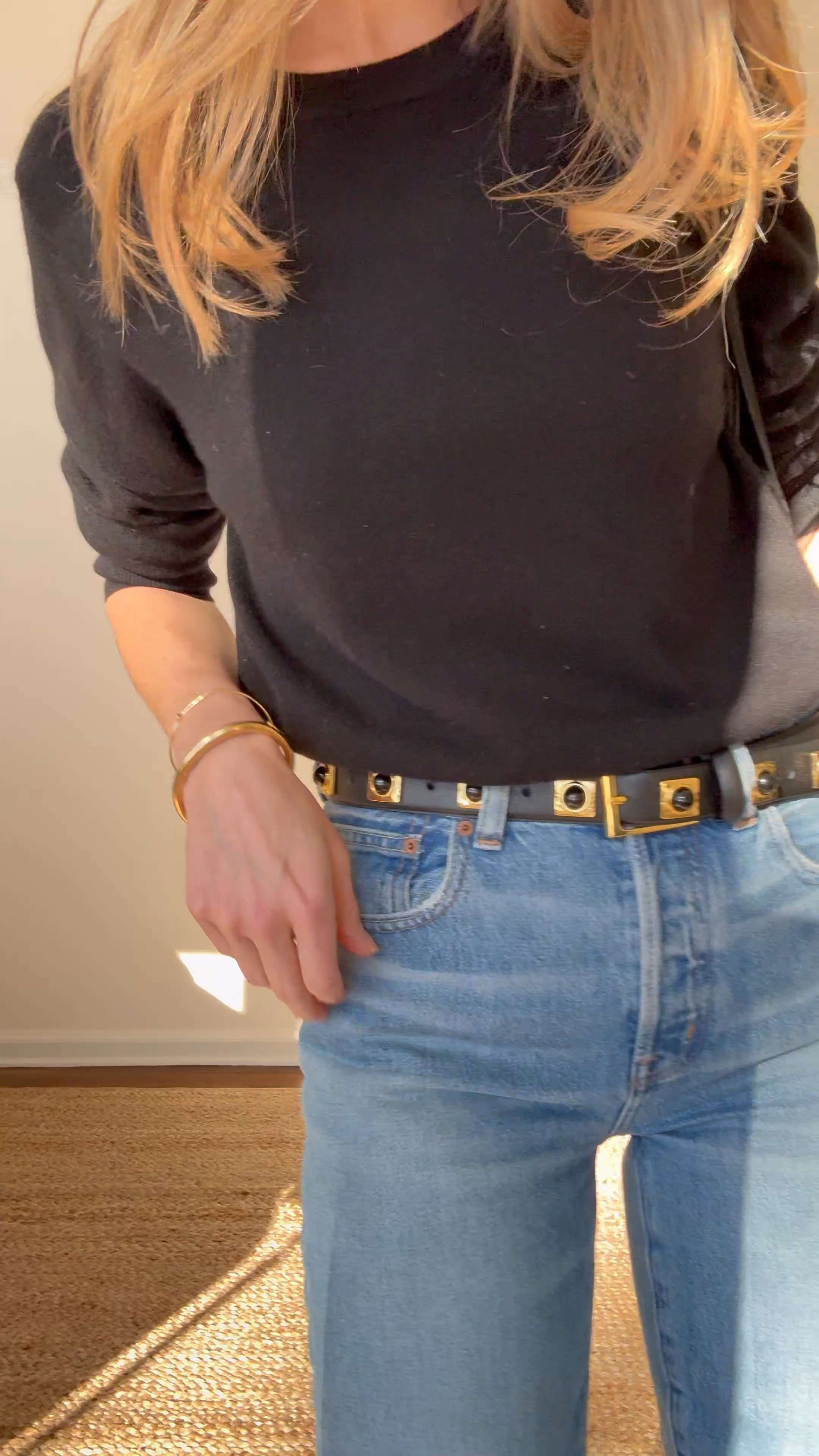 Last Tuesday's OOTD is getting a lot of questions. Wanted to reshare in case you missed it! 

@quince Mongolian Cashmere sweater is a go to for only $50. Truly amazing quality and price. I sized up 1 to a medium

@madewell longline straight jeans are the closest to my Agolde 90's for much less. Truly a beautiful pair of denim. Sized up 1 to a 26

@jennybird bangle is gorgeous and has the perfect weight. Substantial but not too heavy.

@aureum belt is a true statement piece that I love so much. 

 #LTKgrwm #LTKootd #LTKmomlife