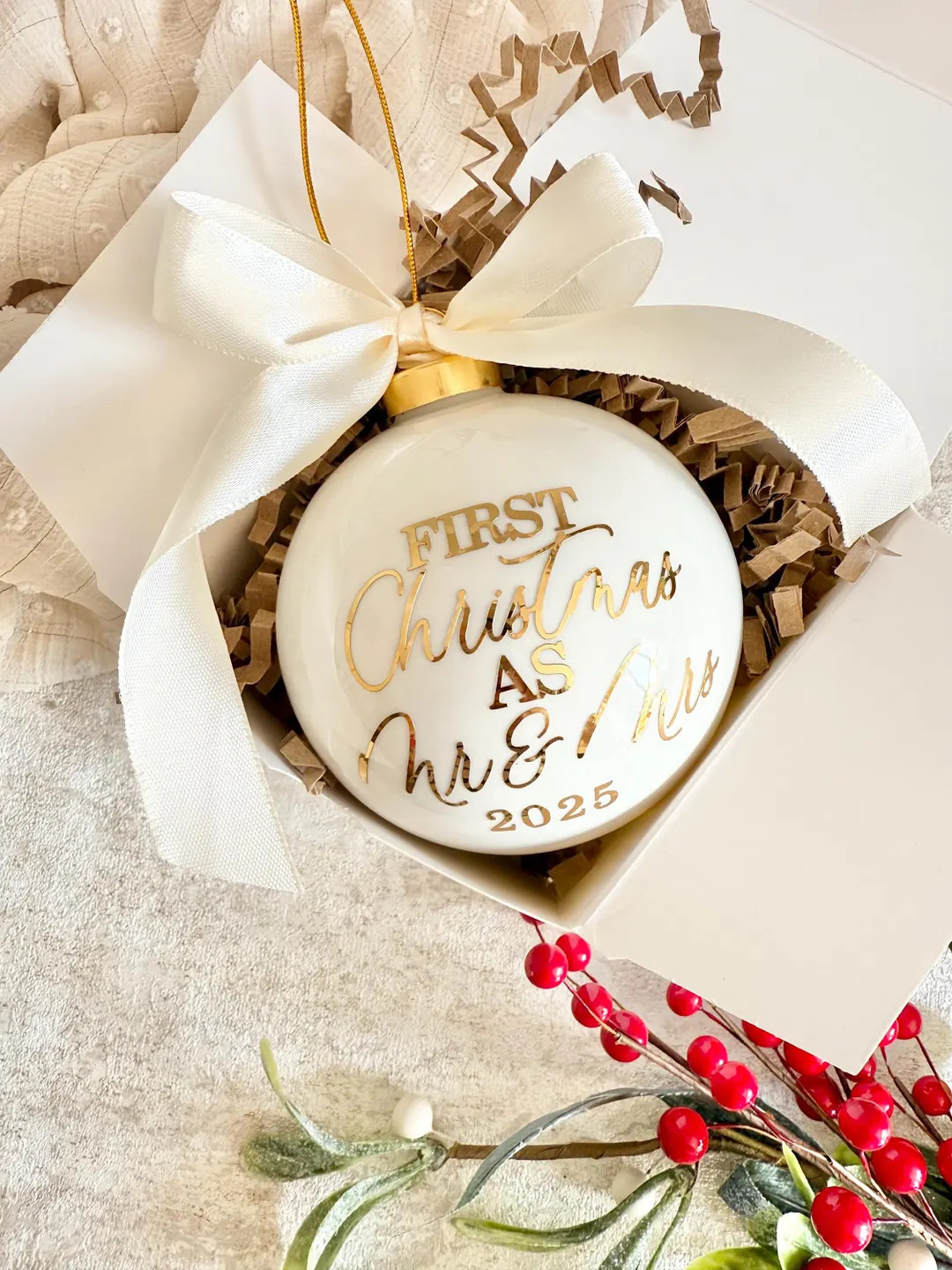 Handmade First Christmas Mr & Mrs Bauble, Sphere Bauble, Gold, Ceramic Keepsake | Etsy (US)