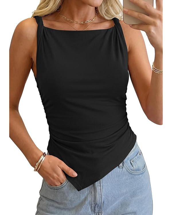 KIRUNDO Womens Sleeveless Slim Fit Asymmetrical Going Out Tops, Twist Straps Ruched Y2K Tank Shir... | Amazon (US)