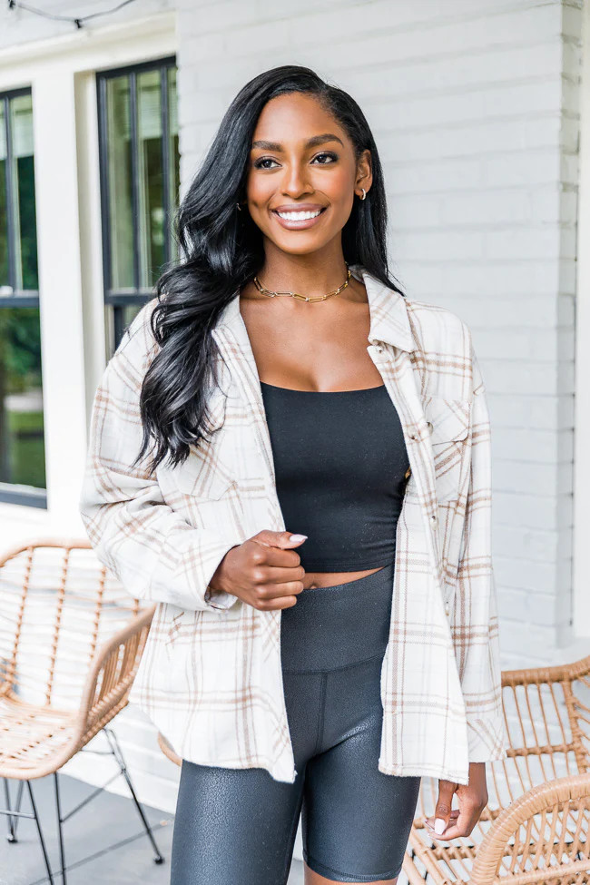 Hidden Shadows Cream/Tan Plaid Shacket | The Pink Lily Boutique