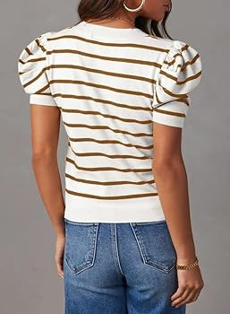 Dokotoo Women's Short Puff Sleeve Knit Tops 2026 Trendy Crewneck Striped T Shirts Casual Summer B... | Amazon (US)