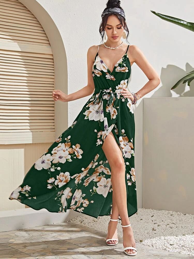 SHEIN Floral Print Self Belted Wrap Cami Dress | SHEIN