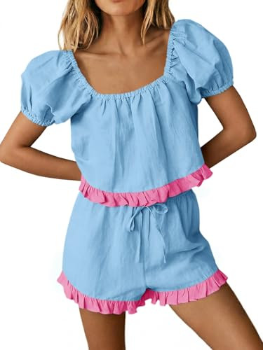 Tankaneo Womens 2 Piece Short Sets Summer Puff Sleeve Square Neck Babydoll Tops Cute Lounge Set C... | Amazon (US)