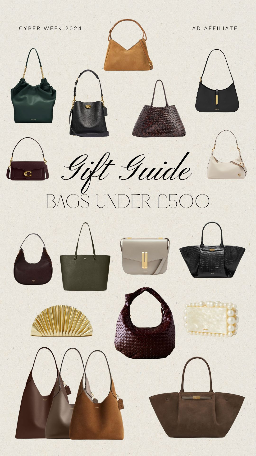 Bags under £500 many of which I feel will be on sale for Black Friday / Cyber Week 2024 including Demellier and Selfridges and My Bag 

 #LTKCyberWeek #LTKeurope #LTKluxury