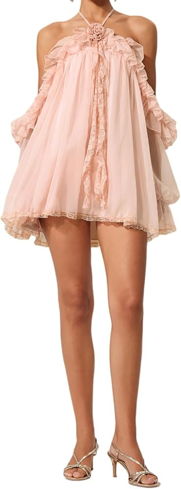 Chic Pink Halter Strap 3D Flower Mini Ruffle Cocktail Vacation Dress Loose and Figure Chiffon Gar... | Amazon (US)