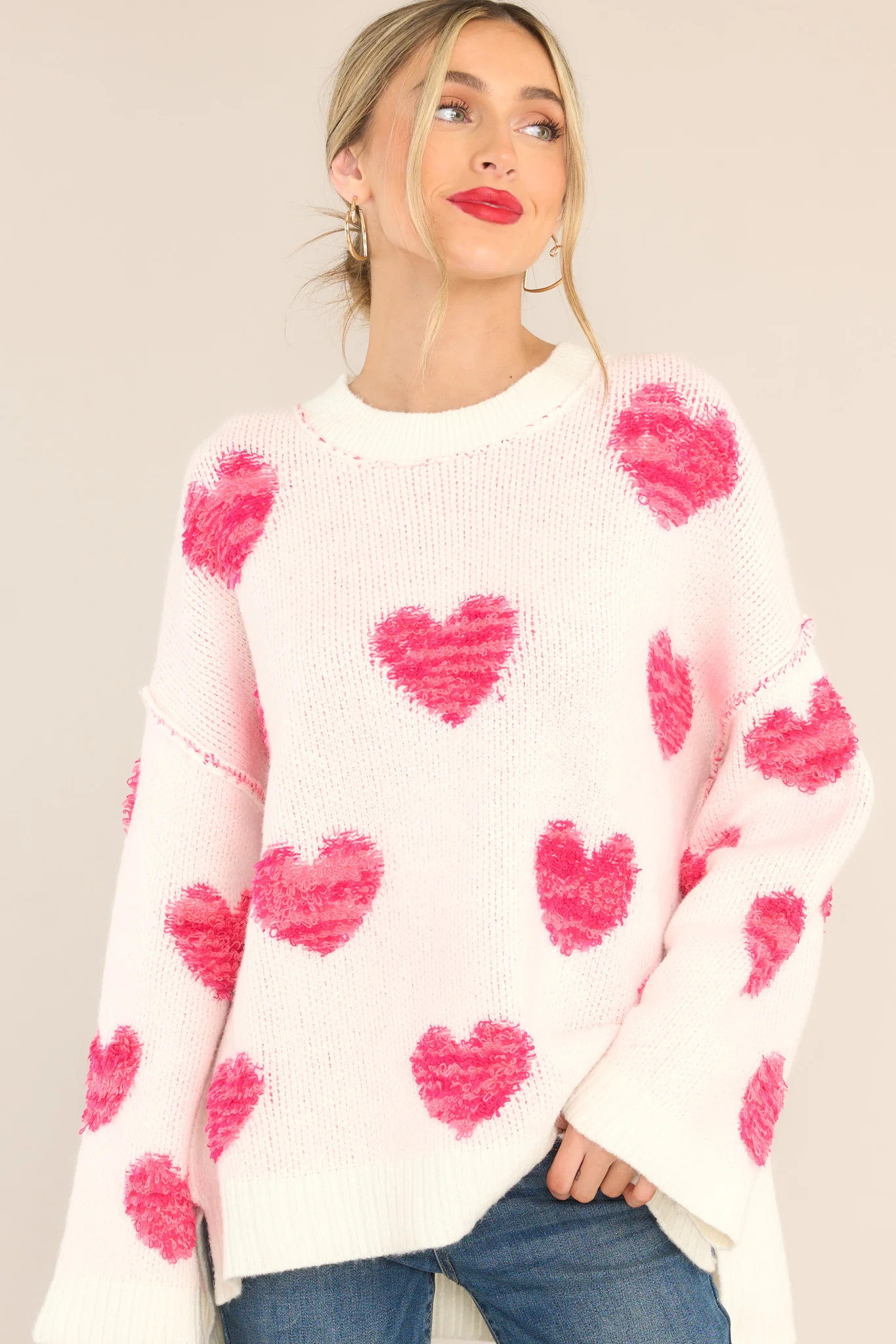 All Over White & Pink Heart Sweater | Red Dress 