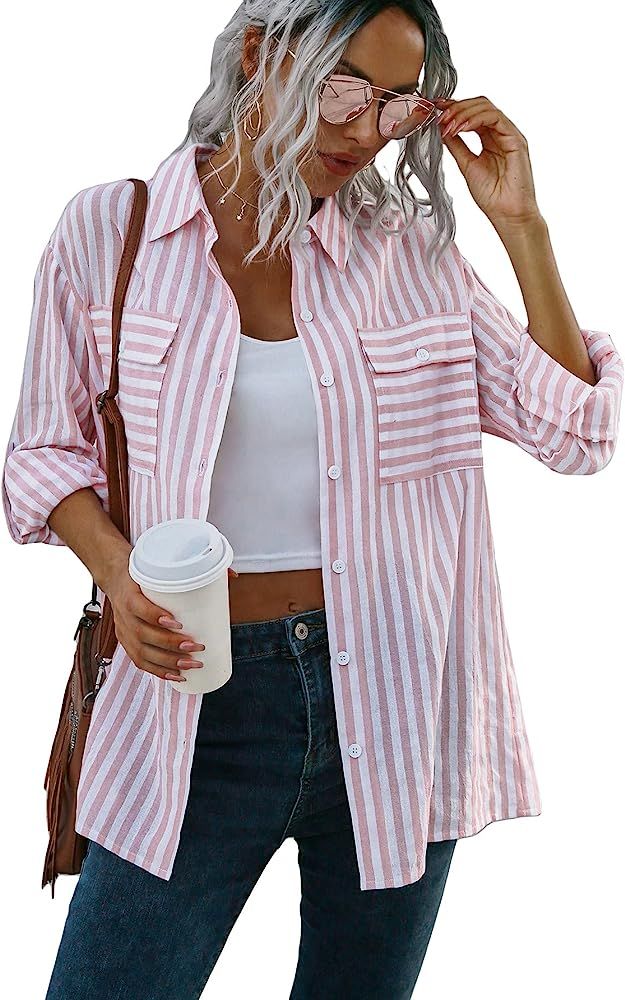 MakeMeChic Women's Casual Striped Button Down Long Sleeve Shirts Blouse Top | Amazon (US)