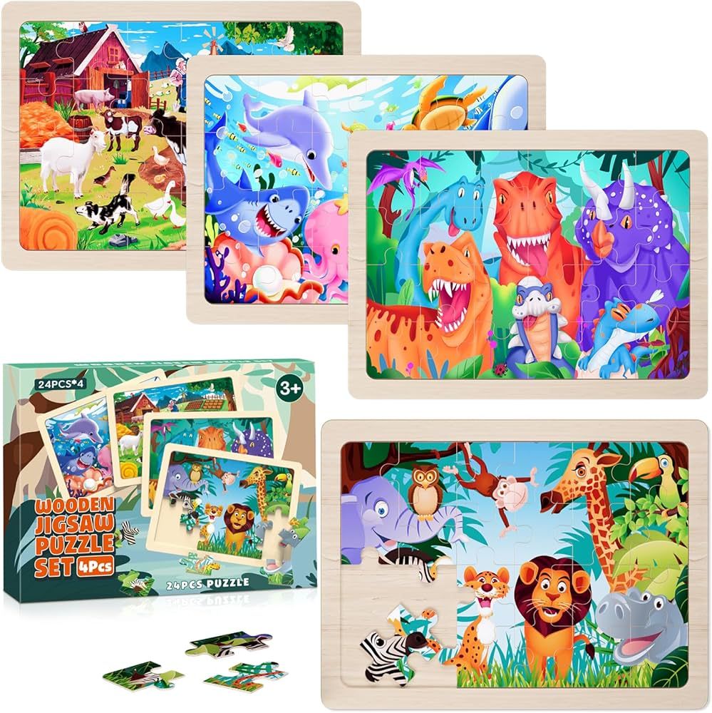 Wooden Puzzles for Toddlers 3-5,4 Packs Wooden Jigsaw Puzzles,24 Pcs Preschool Puzzles,Dinosaur F... | Amazon (US)