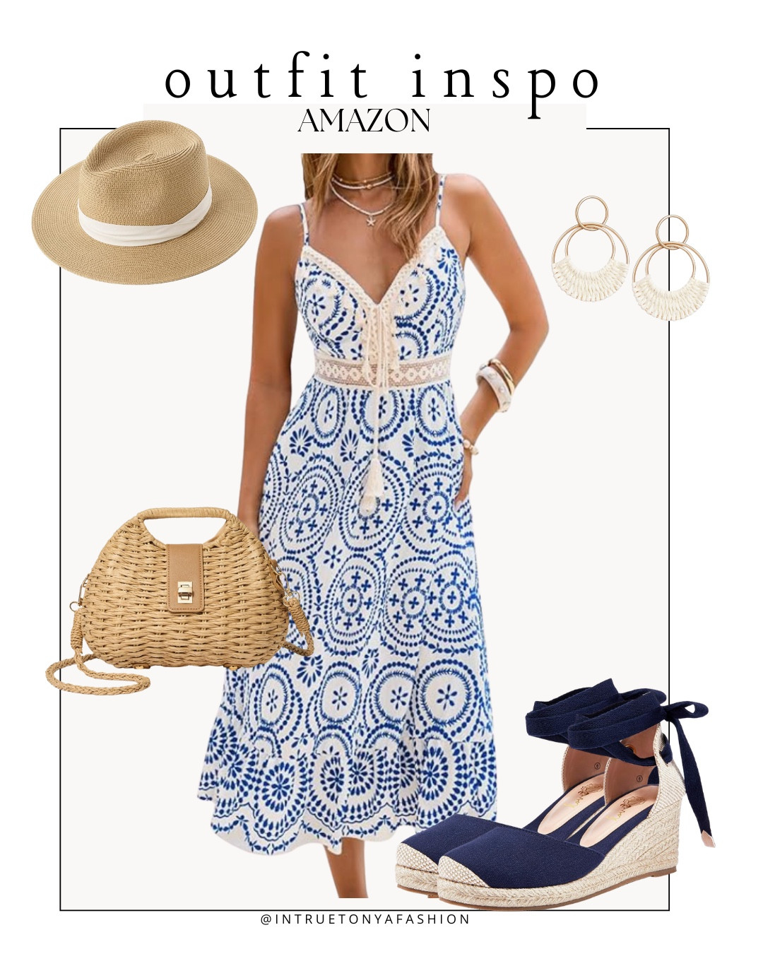 Beach vacation outfit from amazon— blue and white sun dress, navy espadrille wedges, sun hat, earrings, and summer handbag







vacation outfits, tropical outfits, beach outfits, beach clothes, resort wear 2026, summer outfits, beach vacation outfit 

#LTKTravel #LTKSaleAlert #LTKSeasonal