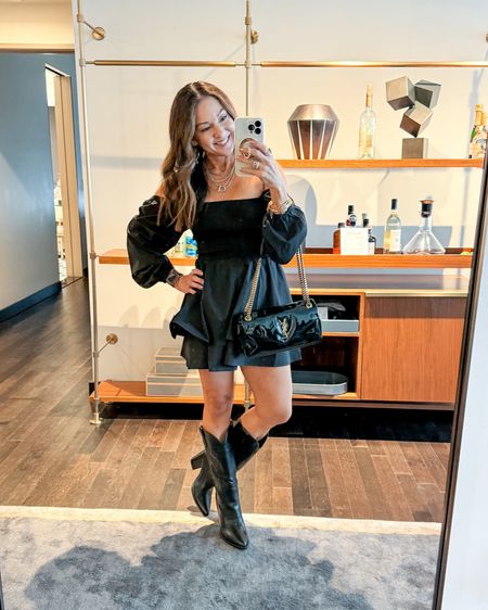 LTKcon outfit western chic night. Black romper xs, cowboy boots I went up a half size, YSL patent leather crossbody purse bag, Victoria Emerson layered necklace mixed metal only $20

#LTKsalealert #LTKover40 #LTKCon