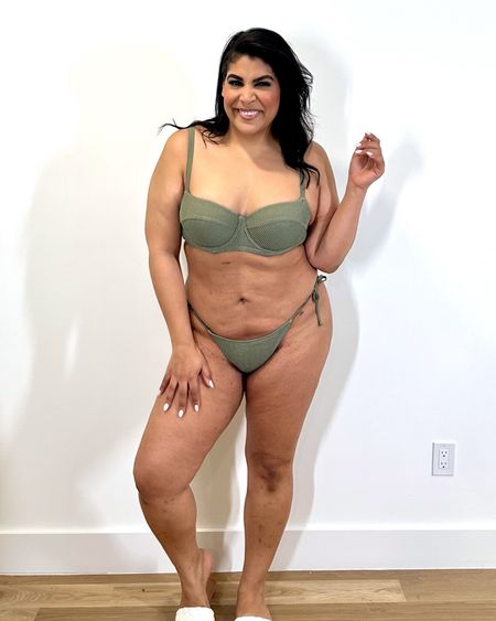 Green ribbed bikini from aerie! 
These bottoms are very cheeky, wearing them in a size L, top is a size XL


#LTKMidsize #LTKSwim #LTKSeasonal