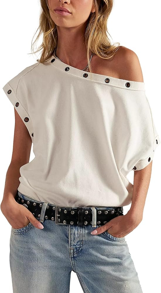 Womens Summer Casual Off The Shoulder Tops Short Sleeve Grommet T Shirts Boat Neck Y2k Eyelet Top... | Amazon (US)
