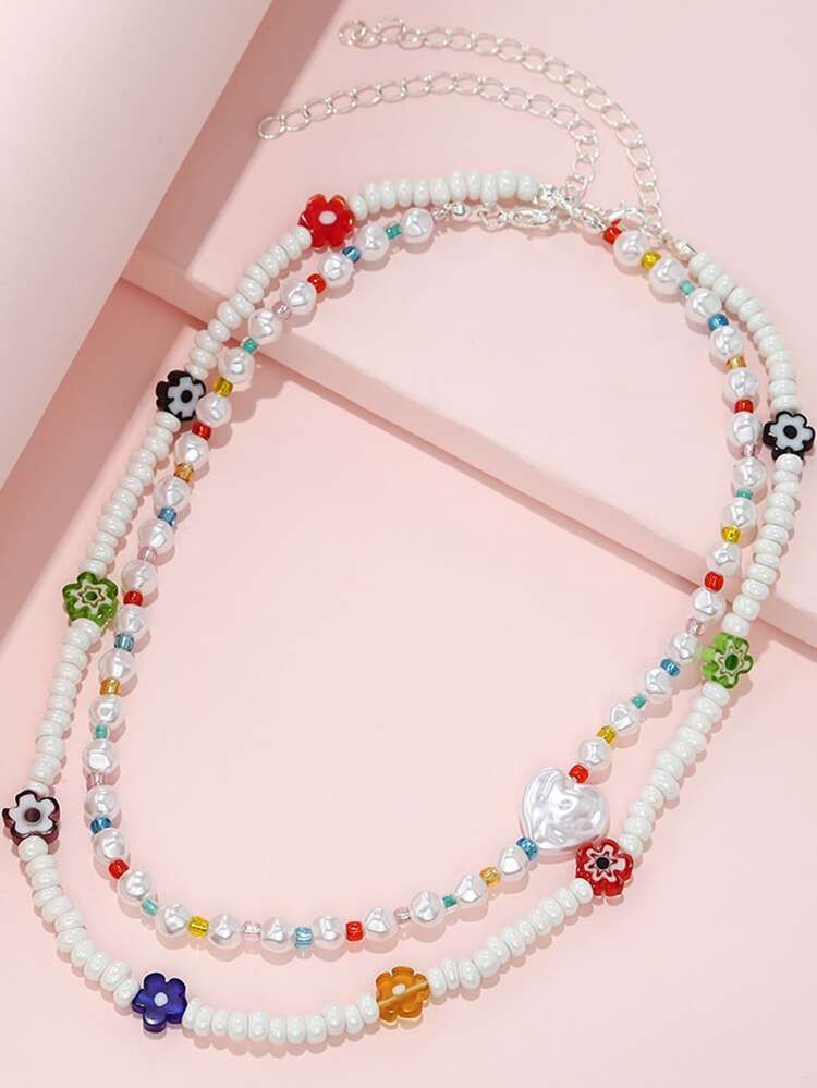 2pcs Girls Flower Decor Faux Pearl Beaded Necklace | SHEIN