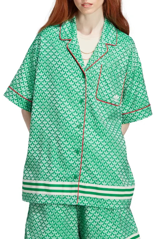 adidas Originals Adicolor 70s Satin Button-Up Shirt in Green at Nordstrom, Size Medium | Nordstrom