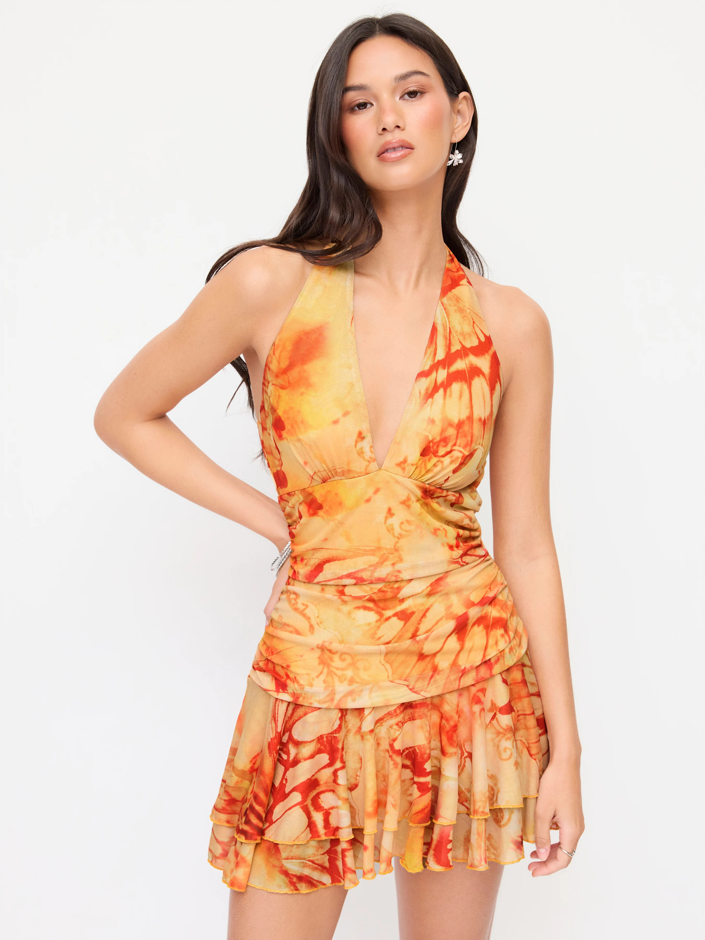 Mesh Mesh Abstract Halter Neckline Ruffled Low Rise A-line Mini Dress For Music Festival/Live Hou... | Cider