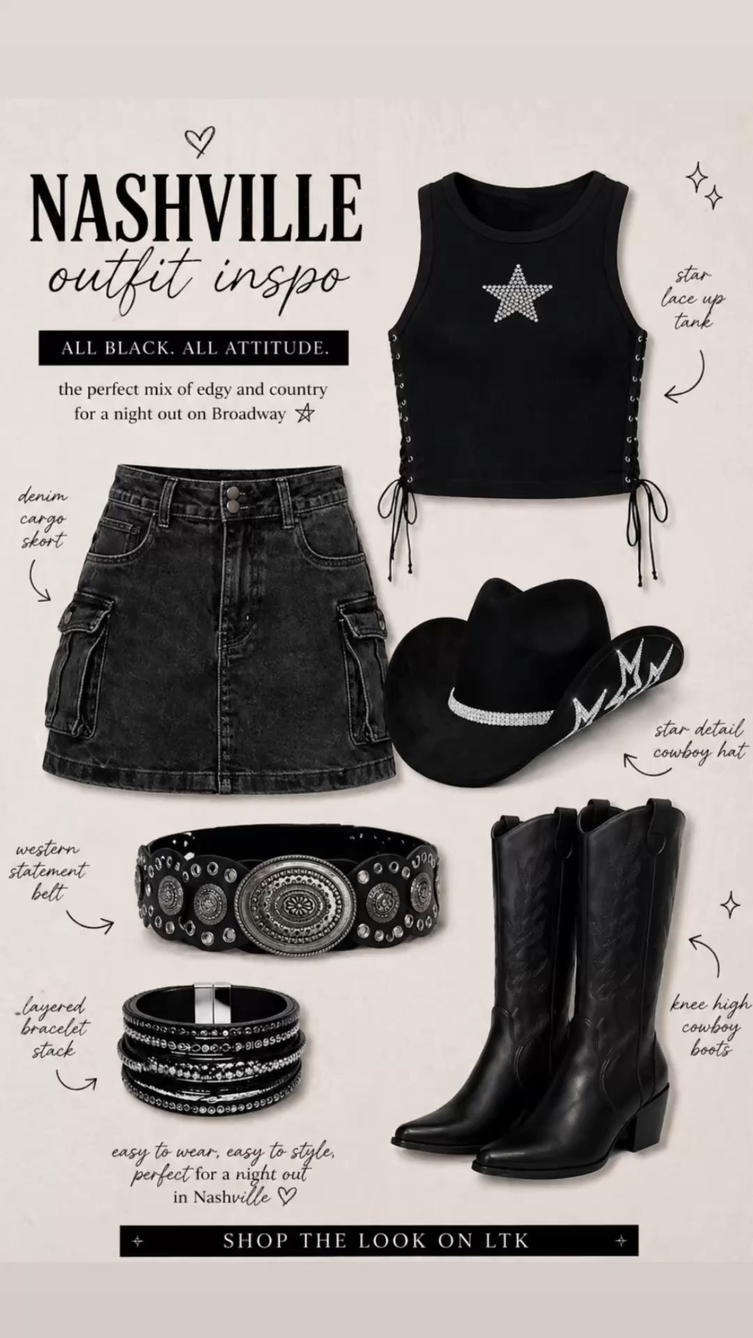 If you’re going to Nashville… this is your outfit 🖤✨

All black but make it country 🤠
The mix of denim + western details + a little sparkle just hits every time

Also love that this is actually practical for walking around all day (and night) without overthinking it

This one’s staying in rotation

#outfitsfornashville #nashvilleoutfits #broadwayoutfits #nashvillestyle #westernoutfit #countryconcertoutfit #cowgirlstyle #allblackoutfit #summeroutfitideas #ltkstyle

#LTKMidsize #LTKgrwm #LTKootd