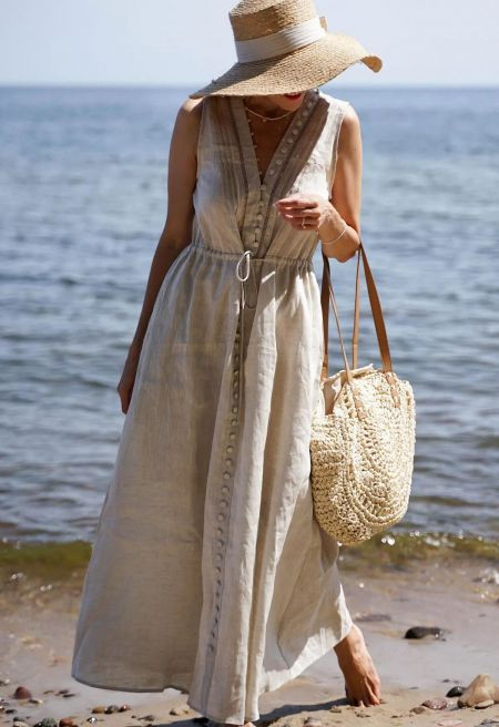V-Neck Buttoned Sleeveless Dress in Linen | Chicwish