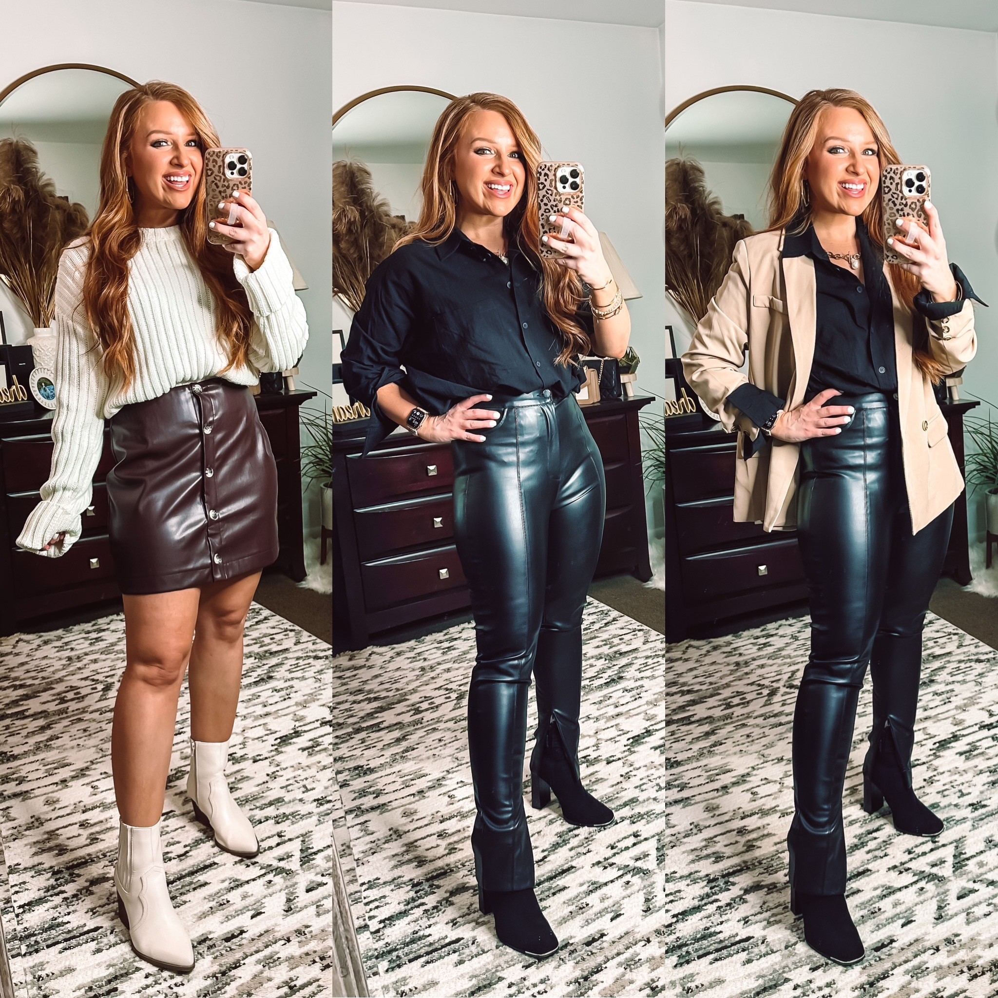 Shop hopes looks ! Code: Jami15 

White chunky sweater - small 
Brown leather skirt - medium 
Black oversized button up - small
Leather pants with zipper - 7
Tan blazer - small 
Tall black boots - 7

#LTKshoecrush #LTKstyletip #LTKSeasonal