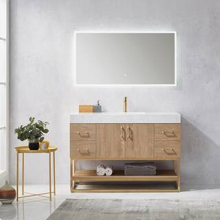 Alistair 48 in. Bath Vanity in North American Oak with Grain Stone Top in White with White Basin | The Home Depot
