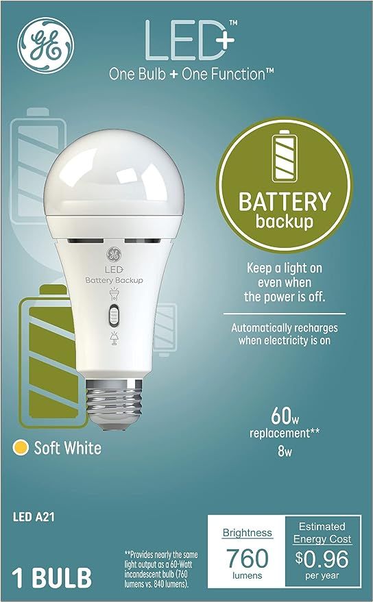 GE LED+ Backup Battery Light Bulb, Rechargeable, Soft White, Medium Base, 60 Watt Replacement Sta... | Amazon (US)