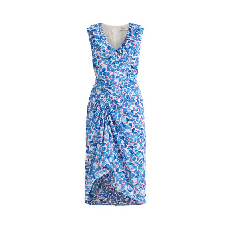 Ruched Dress With Frills In Blue Floral | Wolf and Badger (Global excl. US)