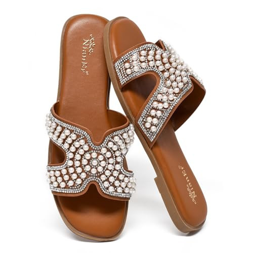 NianEr Womens Microfiber Leather Memory Foam H Pearl Rhinestone Glitter Sparkly Sparkle Jeweled Bling Diamond Dressy Comfy Comfort Bride Bridal Wedding Flat Sandals Summer Shoes Slides Brown Size 7.5 | Amazon (US)