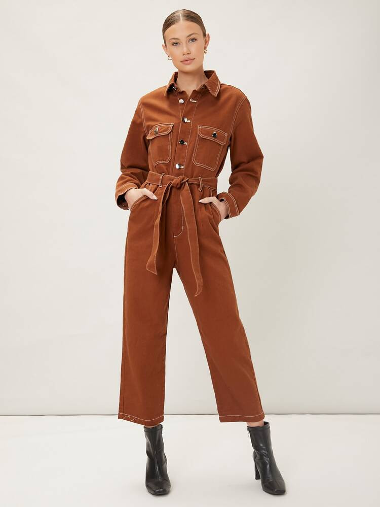 MOTF PREMIUM BELTED DENIM UTILITY JUMPSUIT | SHEIN