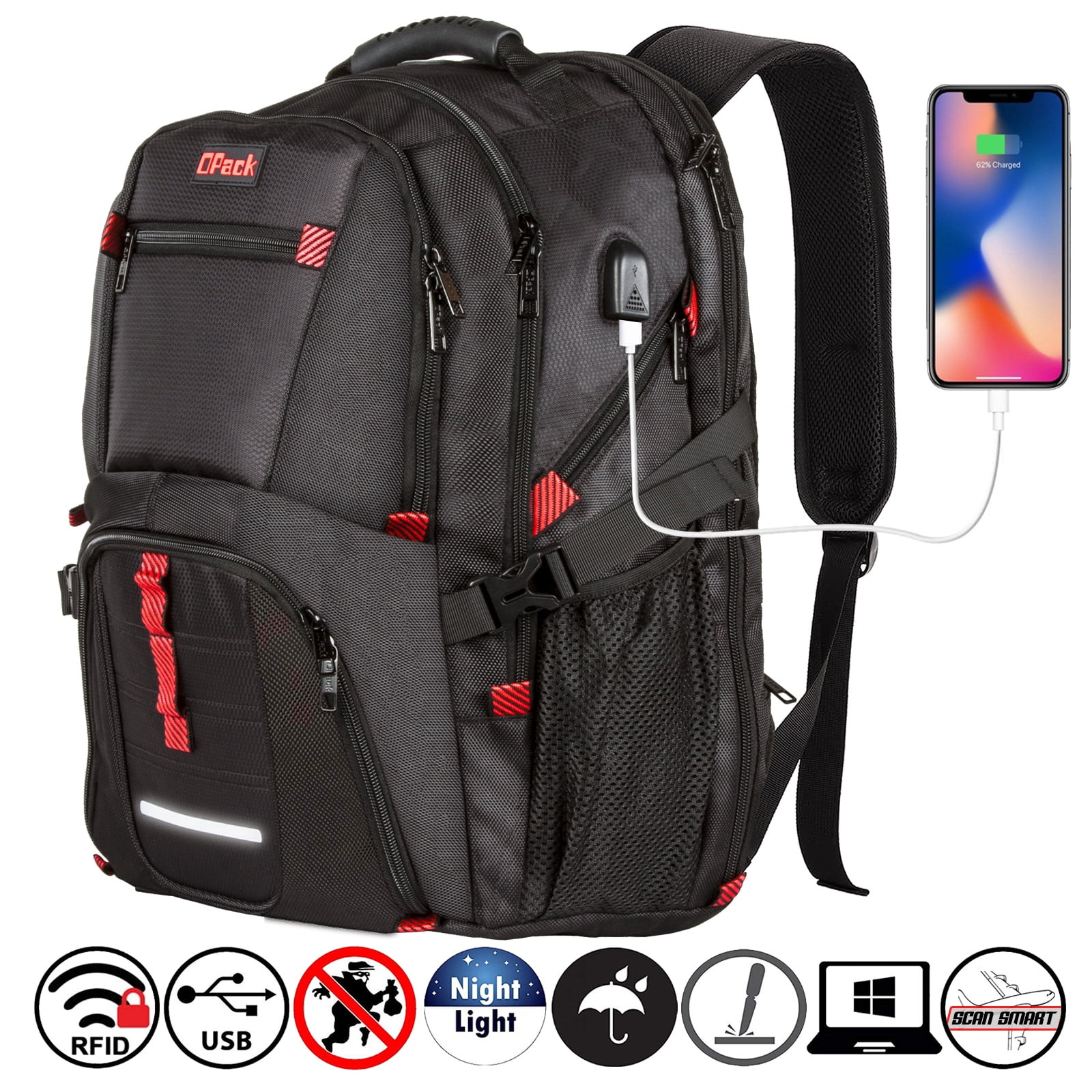 OPACK Extra Large RFID-Safe Travel Backpack with USB Charging Port | Walmart (US)